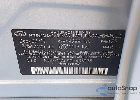 2012 Hyundai Sonata Se из США, поврежденный, VIN 5NPEC4AC9CH433238
